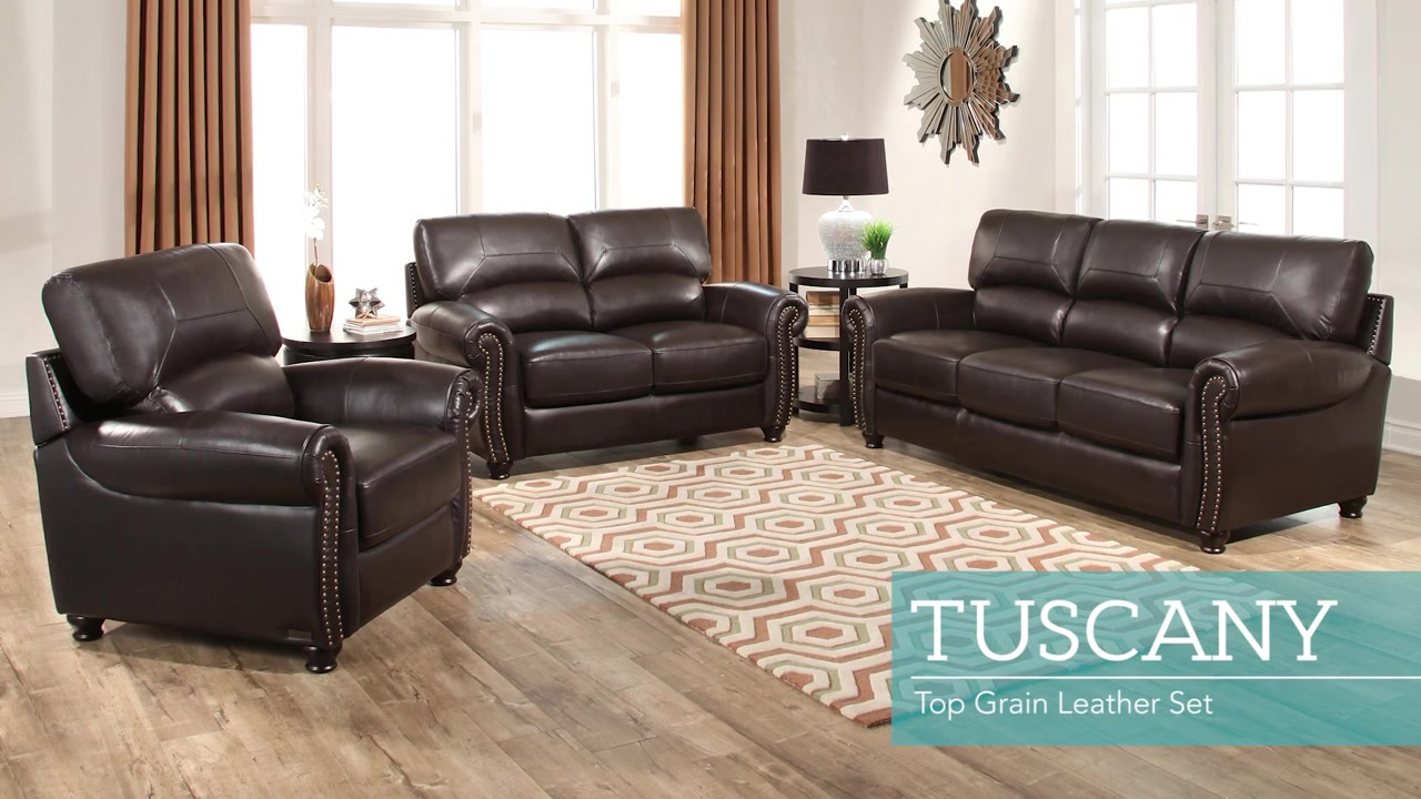Tuscany 3 Piece Top Grain Leather Living Room Set Video Gallery focus for Top Grain Leather Living Room Set